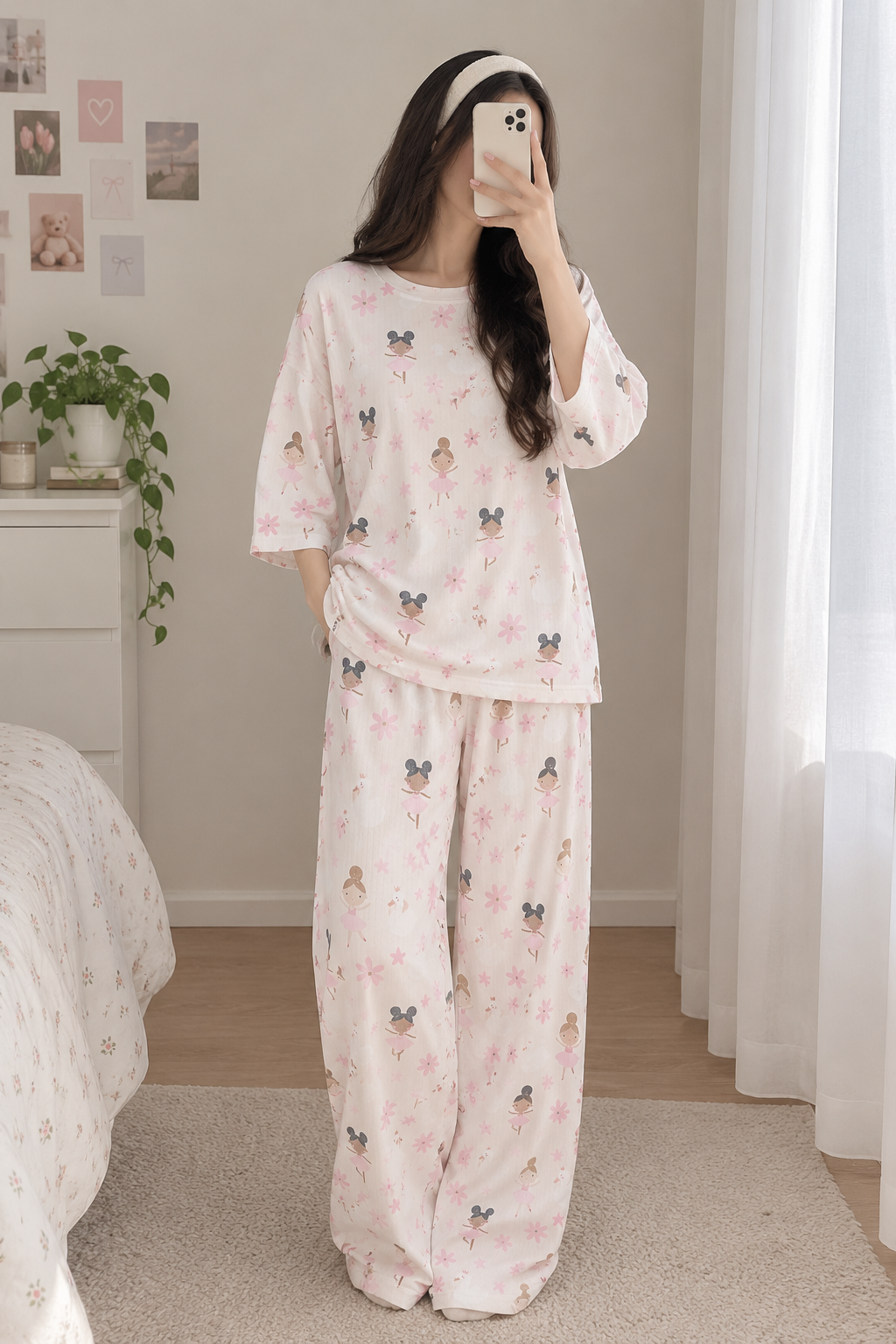 ست راحتی تیشرت  و شلواربگ مادرانه طرح بالرین